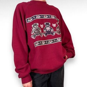 Vintage Crewneck Sweater Burgundy Red Teddy Bear Grandma Kidcore Casual Size L